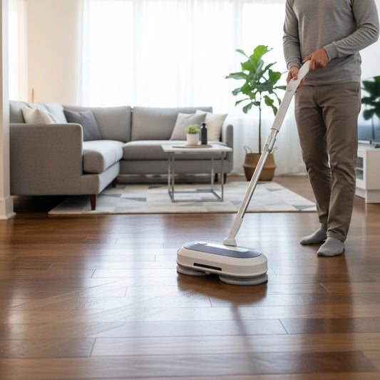 Wireless electric mop by Denx with spray function, lightweight design, and easy maneuverability for quick cleaning.