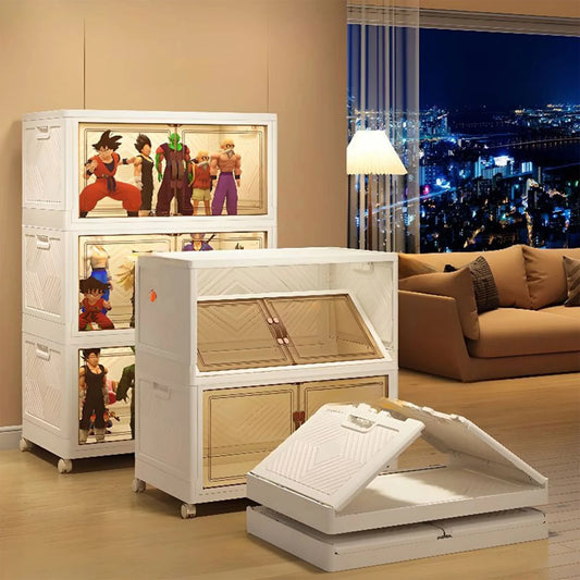Plastic 3-tier storage cabinet by tasawqli.store, versatile and lightweight with multiple compartments for organized storage.