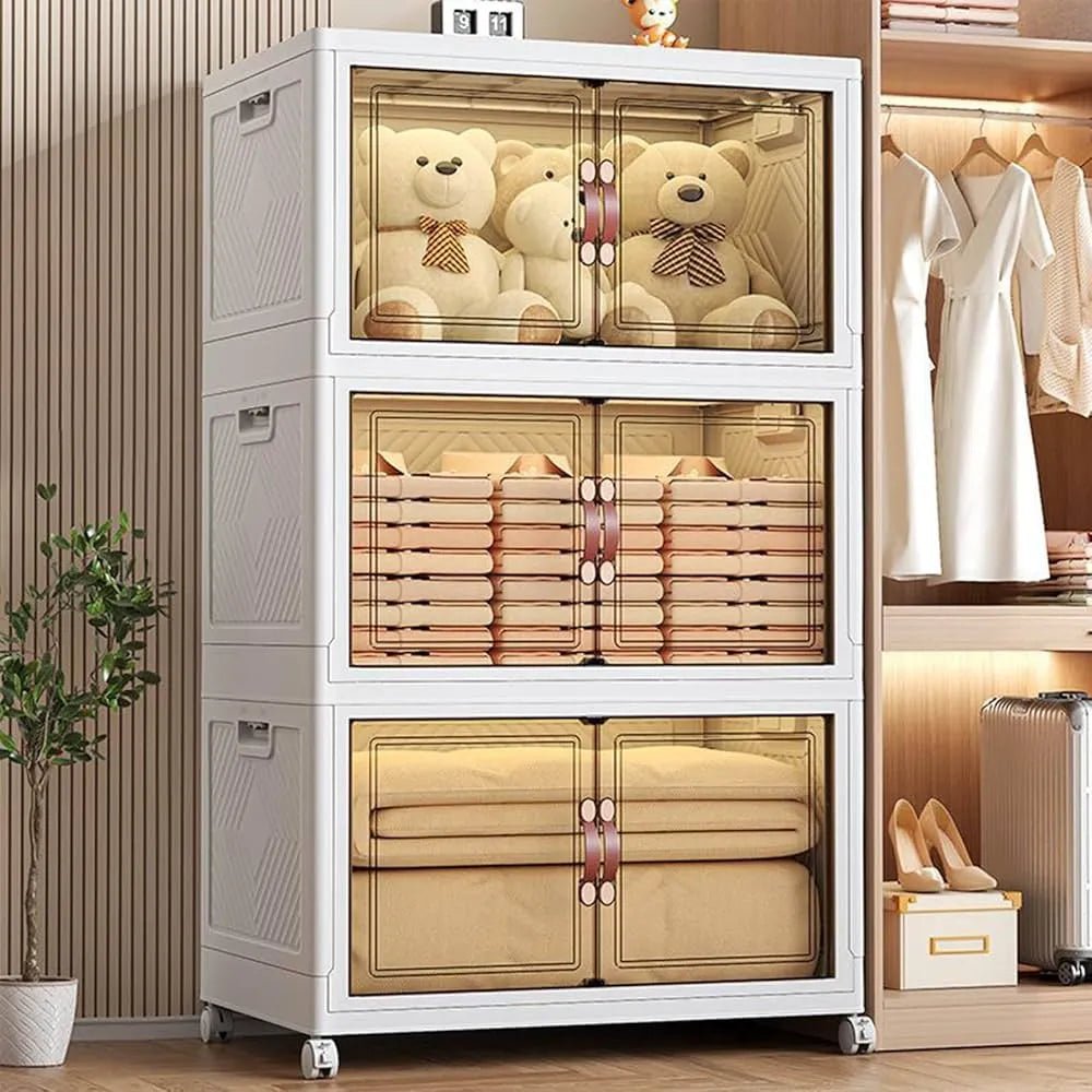 Multi-tier plastic storage cabinet with three compartments, versatile and durable for organizing household or office items.