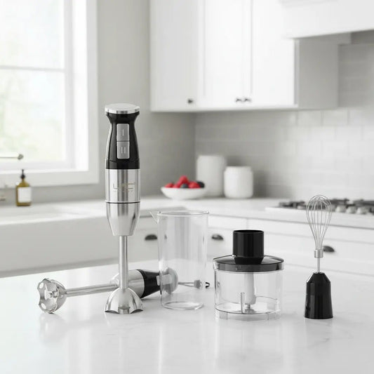 Handheld LAC 4-in-1 blender by tasawqli.store with blending, chopping, whipping, and mixing capabilities, shown with attachments.