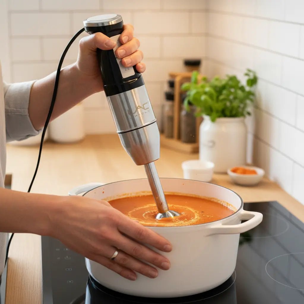 Handheld LAC 4-in-1 blender for efficient mixing, with a sleek design and powerful performance, perfect for quick food preparation.