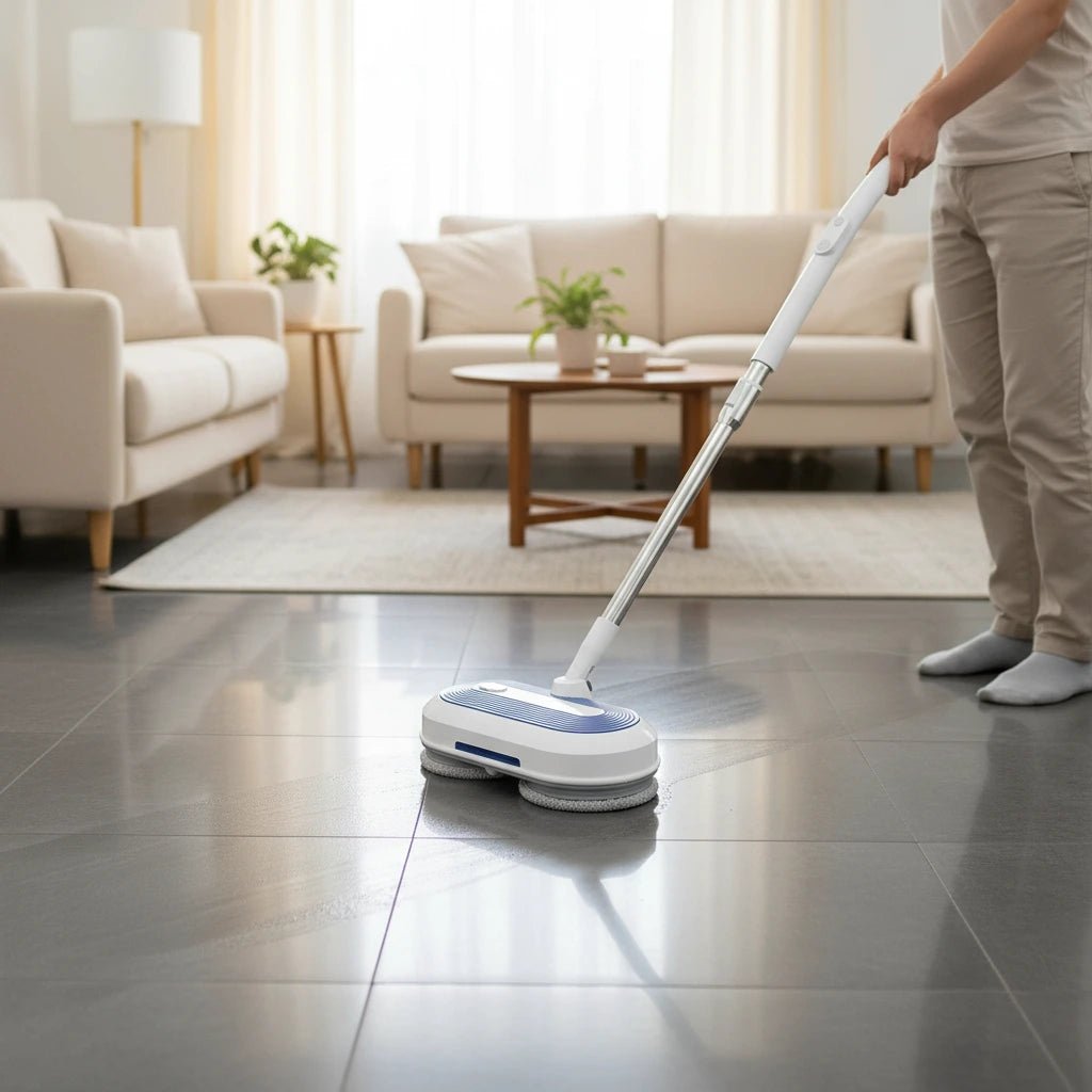 Wireless electric mop by Denx with ergonomic handle and microfiber cleaning pad for efficient, effortless floor cleaning.