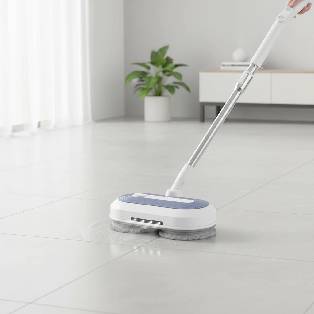 Wireless electric mop by Denx for easy, quick cleaning without effort, shown in use on a smooth floor surface.