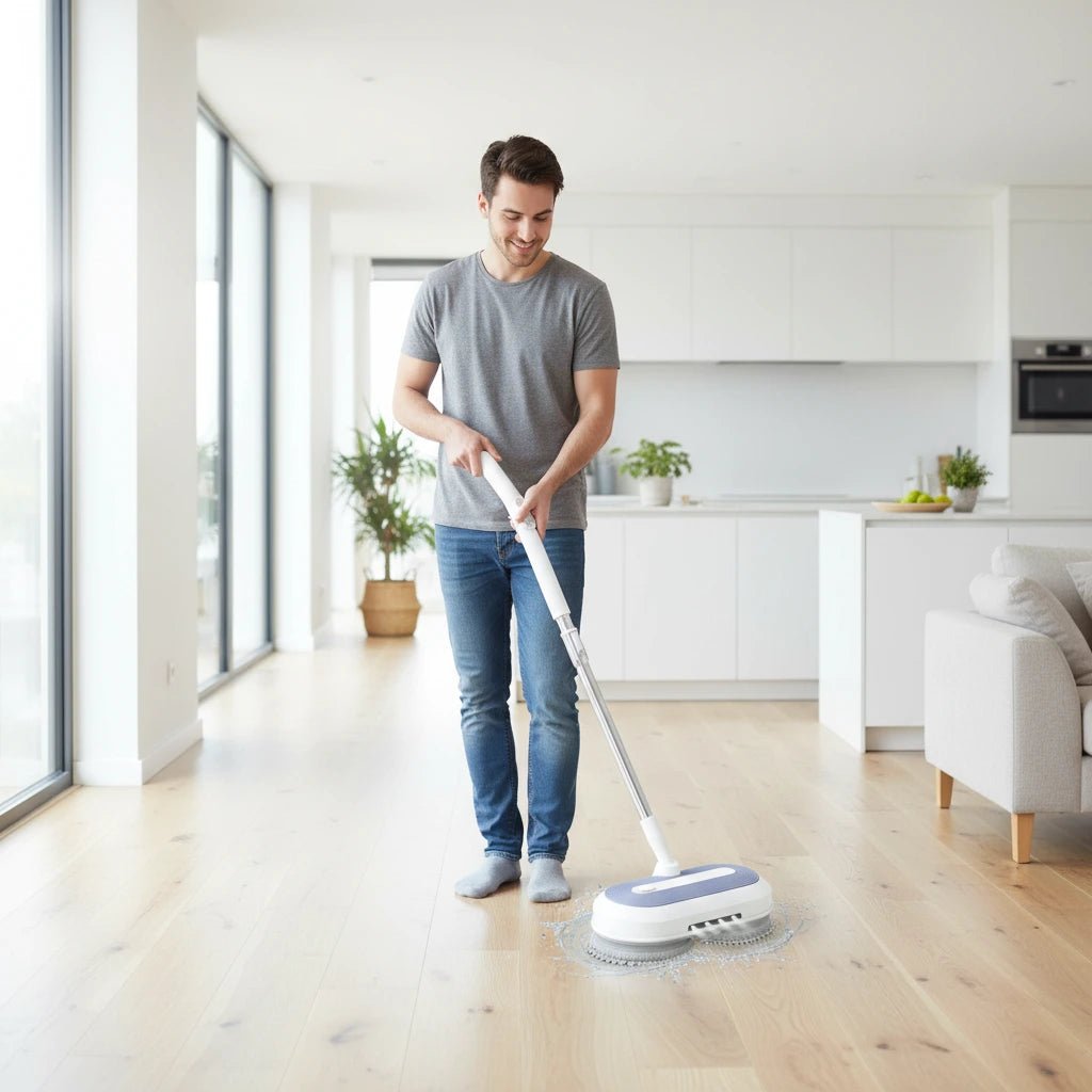 Wireless electric mop from Denx by tasawqli.store, shown cleaning a tiled floor with a lightweight, ergonomic design.