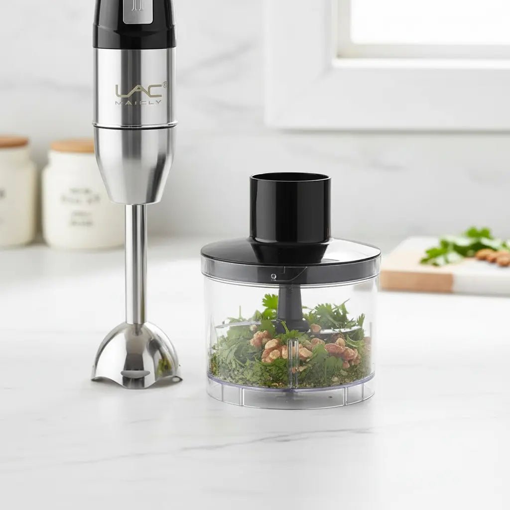 Handheld LAC 4-in-1 blender from tasawqli.store, showing a compact, versatile kitchen appliance with blending attachments on a countertop.