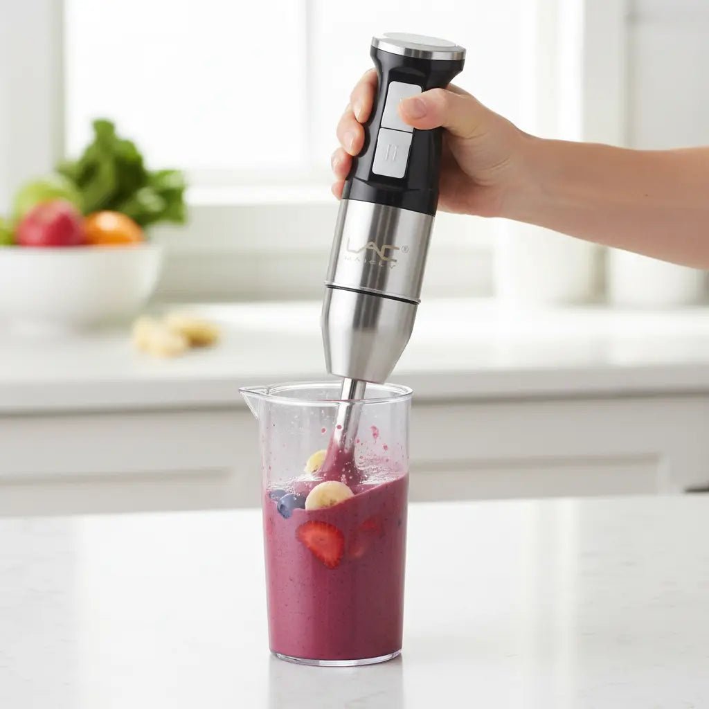 Handheld LAC 4-in-1 blender from tasawqli.store, showcasing its compact design and multiple blending attachments for quick food prep.
