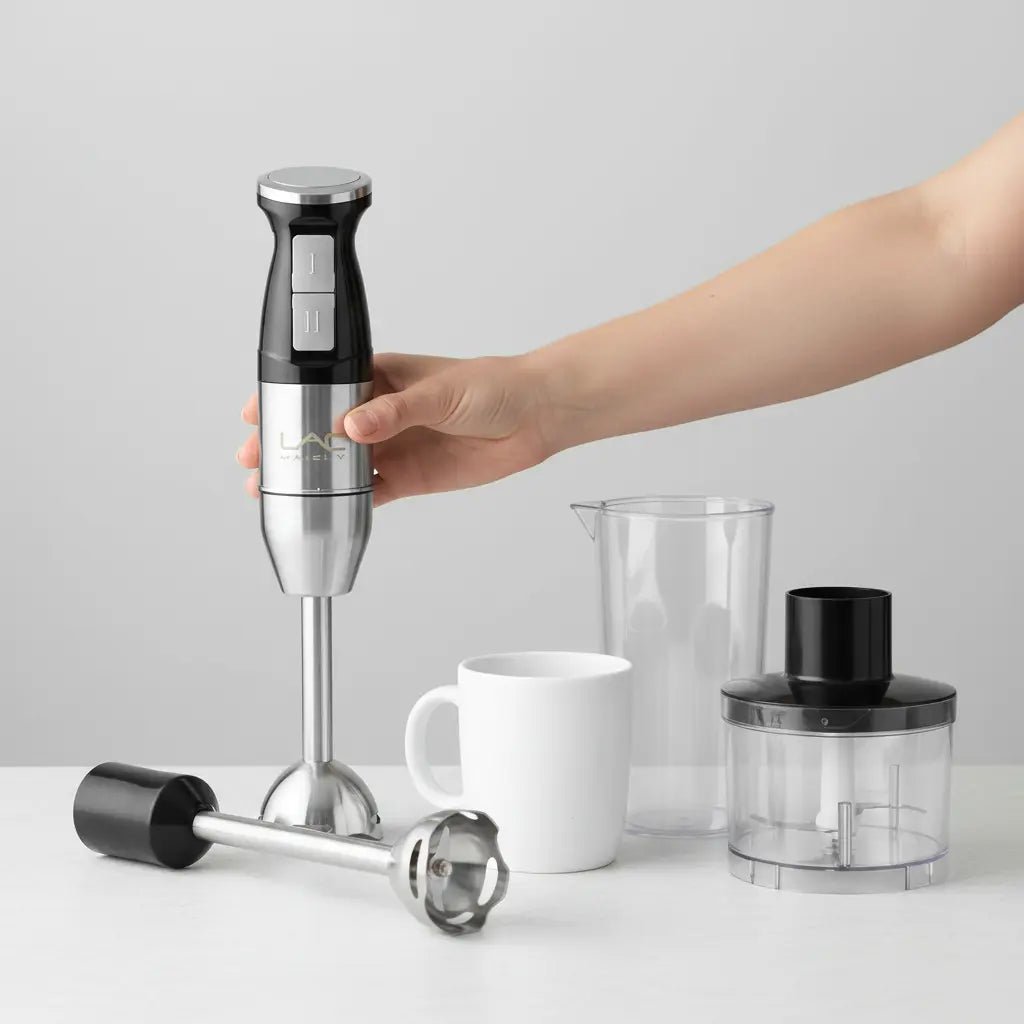 Handheld LAC 4-in-1 blender from tasawqli.store, showcasing its sleek design and versatile attachments for quick food and drink preparation.