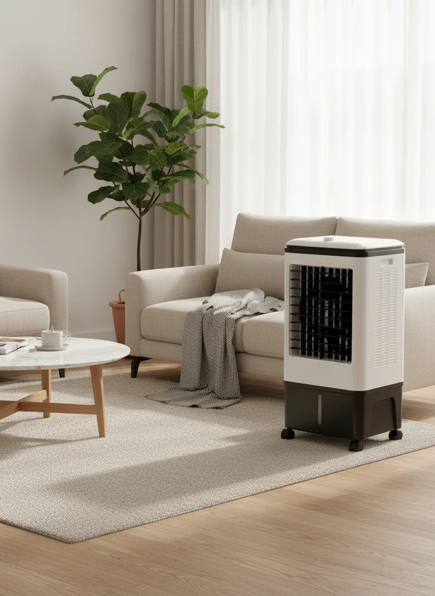 Portable 20L desert air conditioner by tasawqli.store with strong cooling and 3-speed settings, shown in a modern room setting