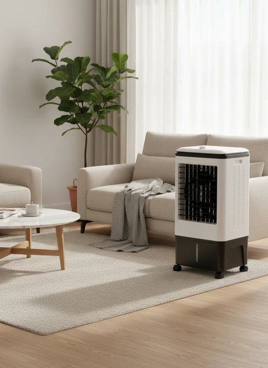 Portable 20L desert air conditioner by tasawqli.store with strong cooling and 3-speed settings, shown in a modern room setting