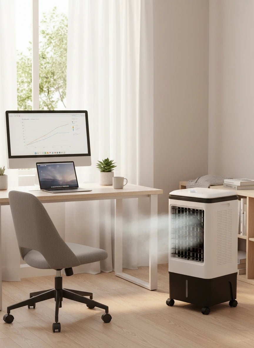 Portable desert air conditioner with 20L capacity from tasawqli.store, featuring strong cooling and three adjustable speed settings.