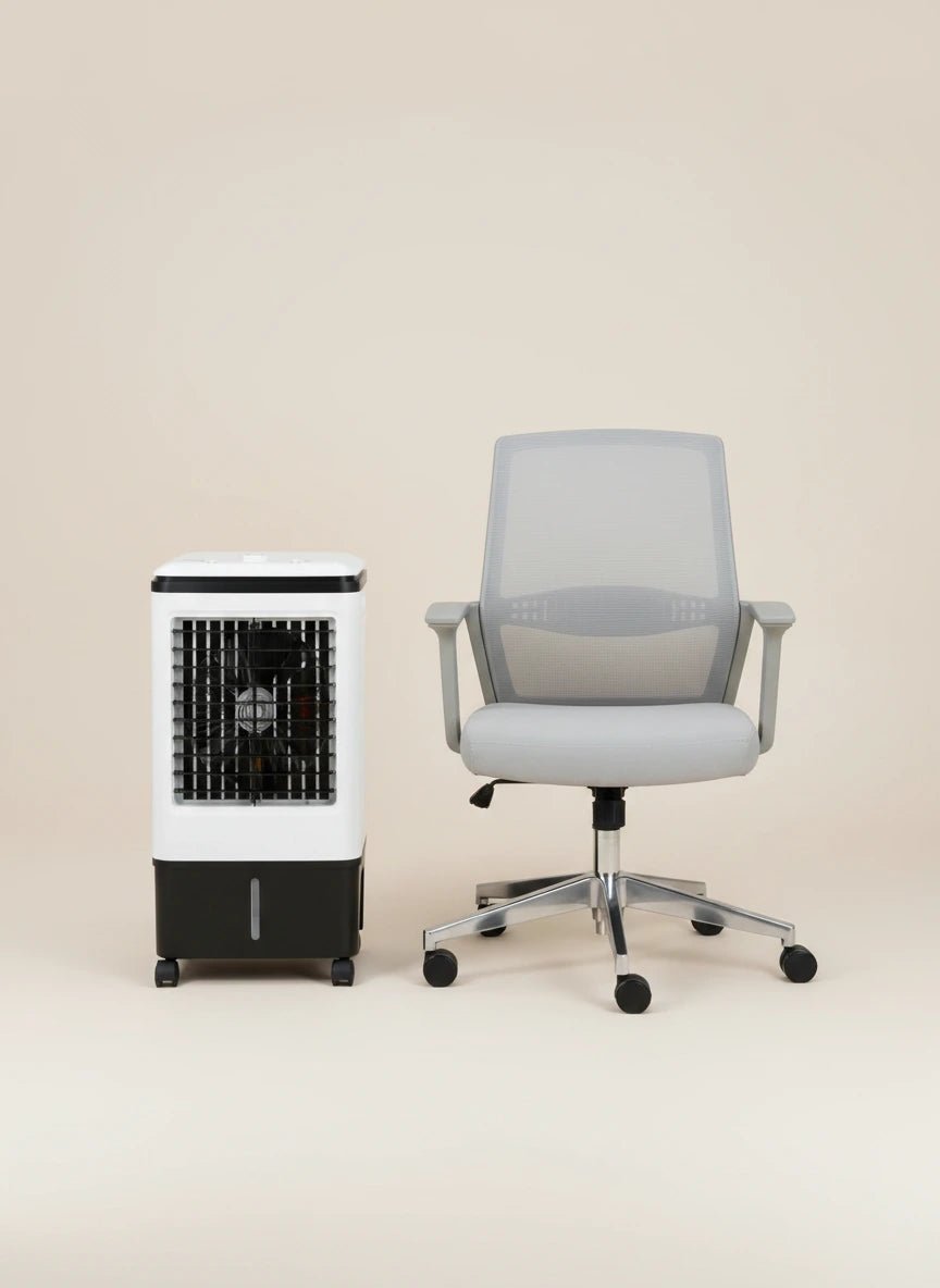 Portable desert air conditioner 20L by tasawqli.store with strong cooling and 3 speed settings, shown in a modern room setting.