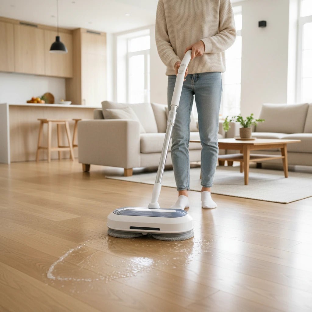 Wireless electric mop by Denx, featuring a sleek design for easy, efficient cleaning without effort, ideal for quick household chores.