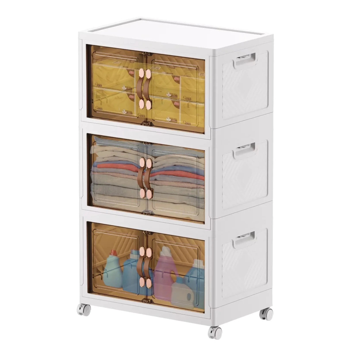 Three-tier collapsible plastic storage bins with front-opening doors, wheels, and lids, ideal for bathroom and kitchen organization.