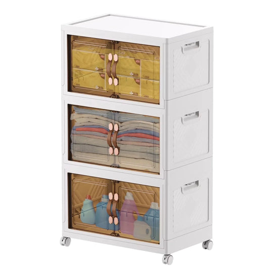 Three-tier collapsible plastic storage bins with front-opening doors, wheels, and lids, ideal for bathroom and kitchen organization.