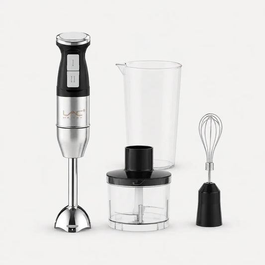 Handheld LAC 4-in-1 blender from tasawqli.store, showcasing its sleek design and multiple attachments for efficient food preparation.