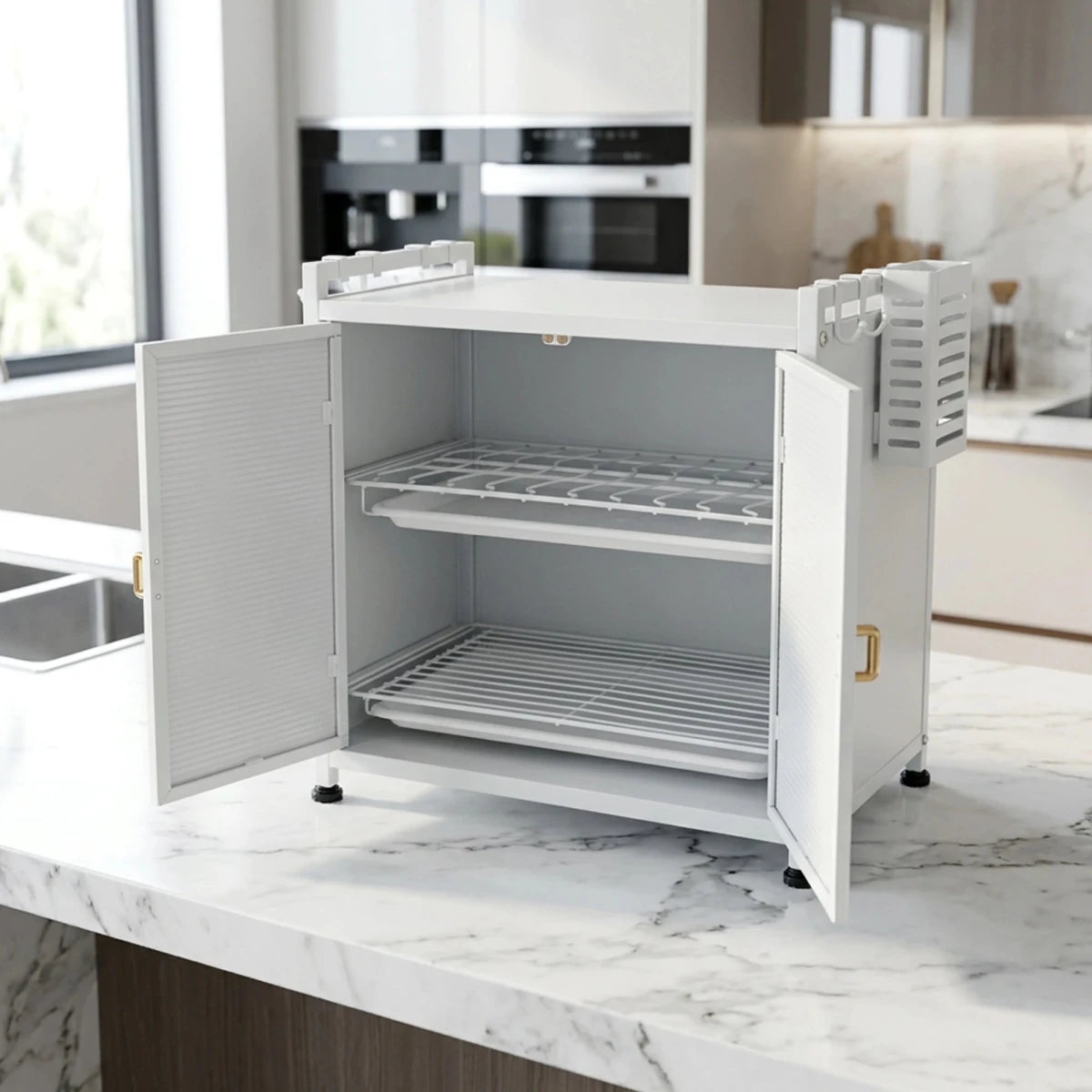 Under-sink organization cabinet in black, designed to maximize kitchen space with stylish storage from tasawqli.store.