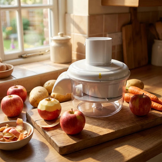 Electric smart fruit and vegetable peeler by tasawqli.store with rechargeable battery, shown in use on fresh produce.
