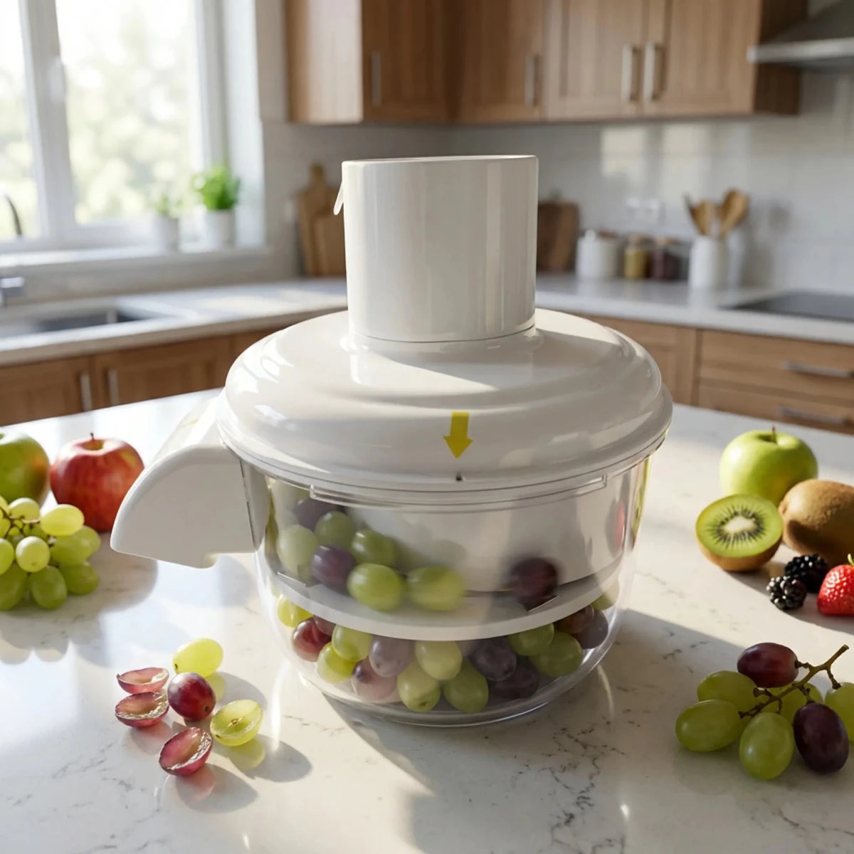 Smart rechargeable electric fruit and vegetable peeler from tasawqli.store, featuring a sleek design and stainless steel peeling blade.